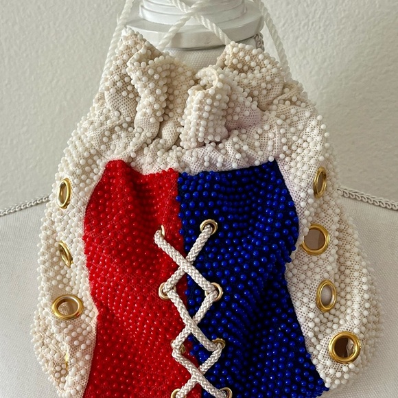1960 Red and Blue Beaded Drawstring Bag - Picture 1 of 9